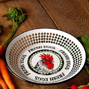 CTW Home Chicken Design Fresh Eggs Serving Tray Tin White Red 10 Inch Farmstyle